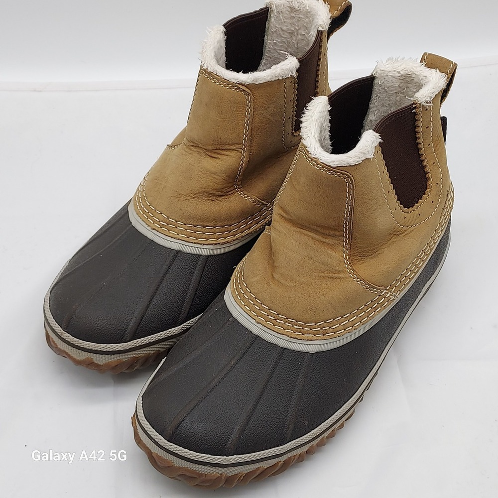 Eddie Bauer Hunt Pac‎ Womens 7 Brown Tan Leather Faux Fur Duck Boots 0135-588